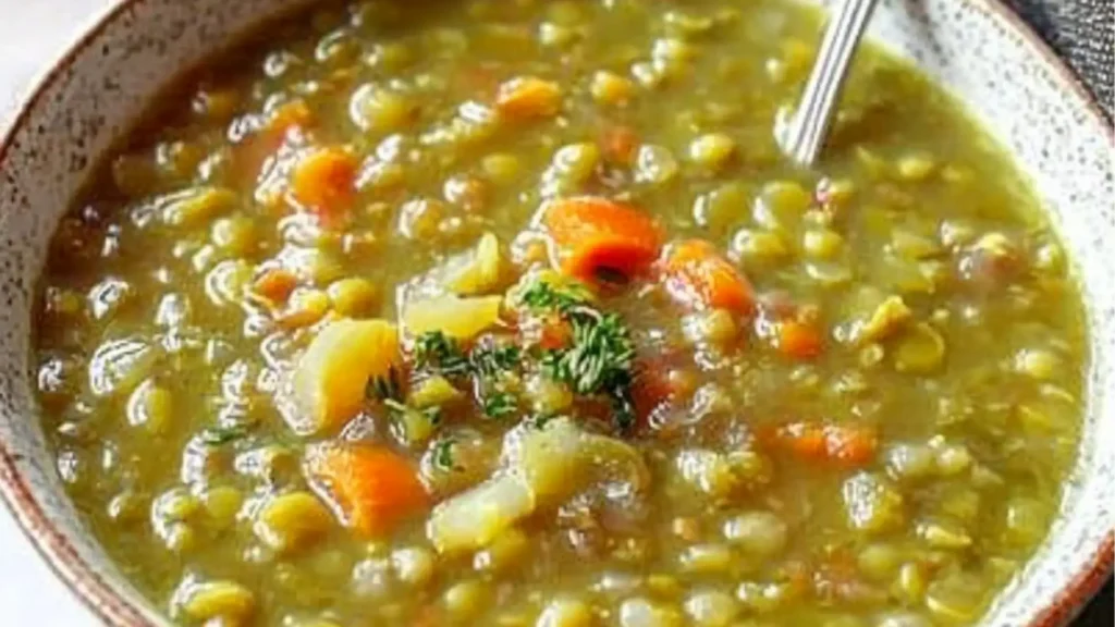 the best split pea soup recipe with ham and carrots in a skillet on a blue background