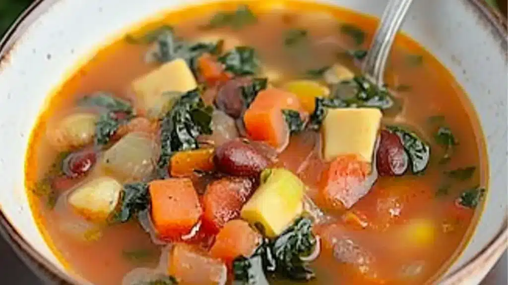 high protein minestone soup in a white bowl with spoons on the side and title overlay
