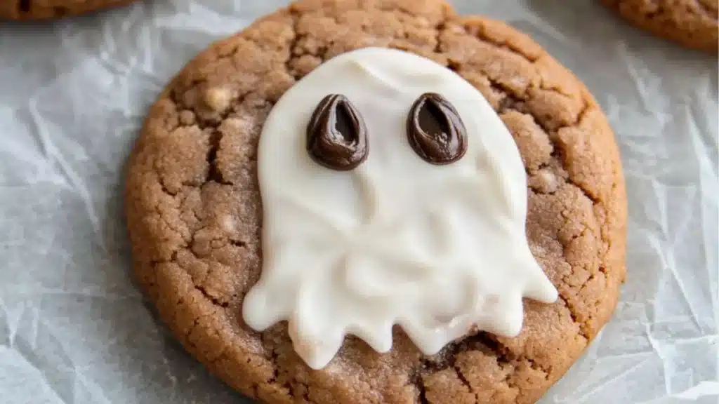 someone is holding up a cookie with white frosting on it and ghost cookies in the background