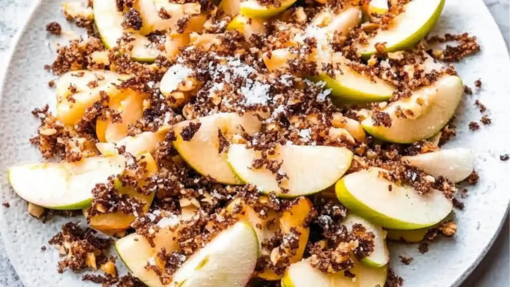 apple nachos on a white plate with caramel drizzle