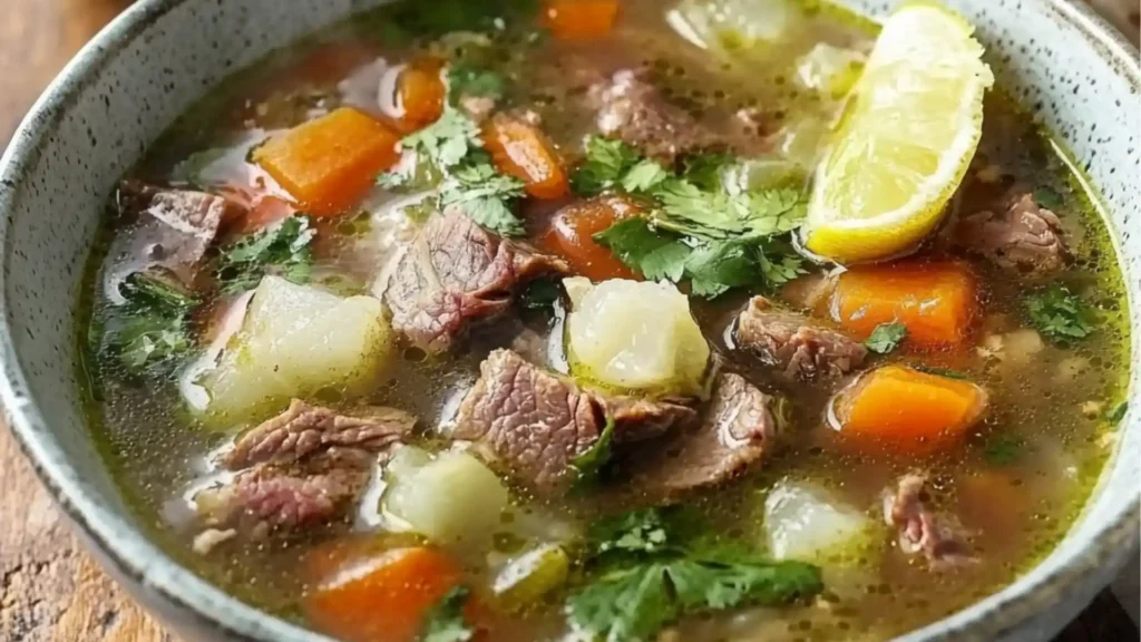 a large pot filled with stew and some bread on top of the bowl is full of soup