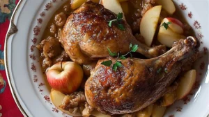 plate with meat and potatoes on it that says pheasant with apples