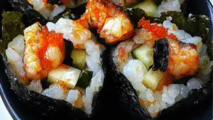 sushi cups on a wooden platter with the title text overlay reads easy and healthy appetizer sushi cups