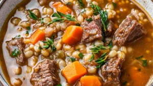 beef and barley soup with carrots in a bowl
