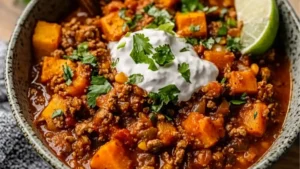 two bowls of sweet potato and turkey chili with text overlay that reads, as fall favorite sweet potato and turkey chili
