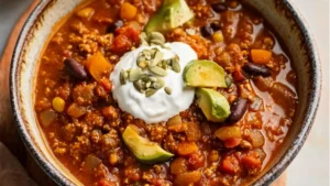 a white plate topped with a pumpkin filled with chili and cheese covered in sour cream