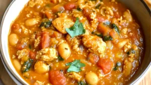 chicken chili with pumpkin in a white bowl on top of a wooden table next to a spoon