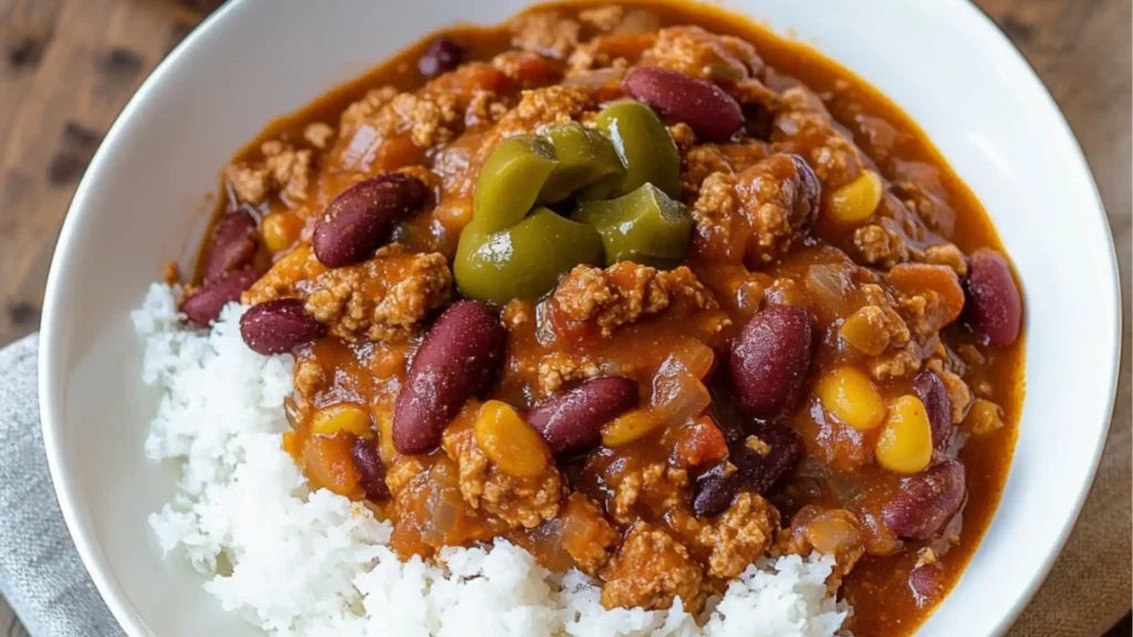 a white bowl filled with chili and rice next to a plate full of food on a table