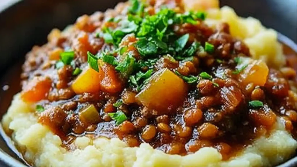 a plate with mashed potatoes, peas and carrots