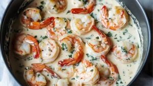 a skillet filled with shrimp and spinach covered in white sauce text overlay reads easy low carb shrimp alfredo
