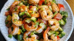 two pictures of shrimp salad with limes and dill in the background, on top of lettuce leaves