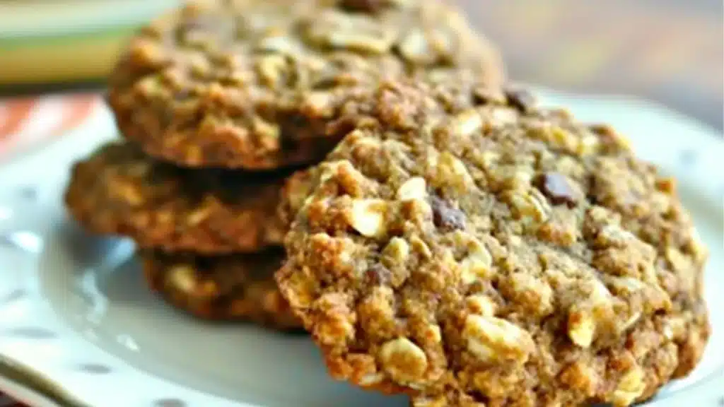 pumpkin oat cookies stacked on top of each other with chocolate chips in the middle