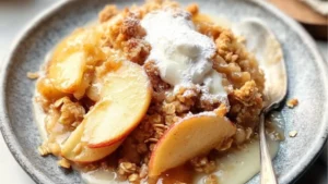 the very best homemade apple crisp on a white plate with caramel drizzle