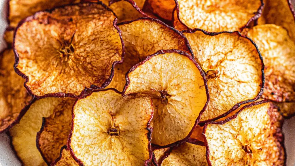 healthy air fryer apple chips - 2 ingredients only on a plate with apples in the background