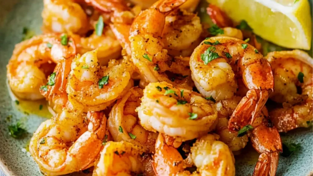 a white plate topped with shrimp next to lemon wedges and parsley on the side