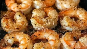 easy 15 minute garlic parmesan shrimp recipe on a white plate with lemon wedges