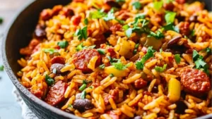 collage of chorizo rice with text overlay