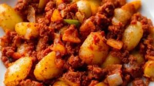 a skillet with potatoes and meat in it that says papas con chorizo