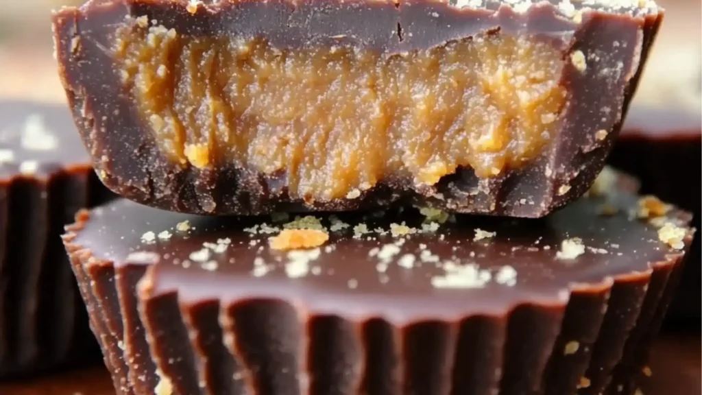pumpkin butter cups are stacked on top of each other with chocolate and orange frosting