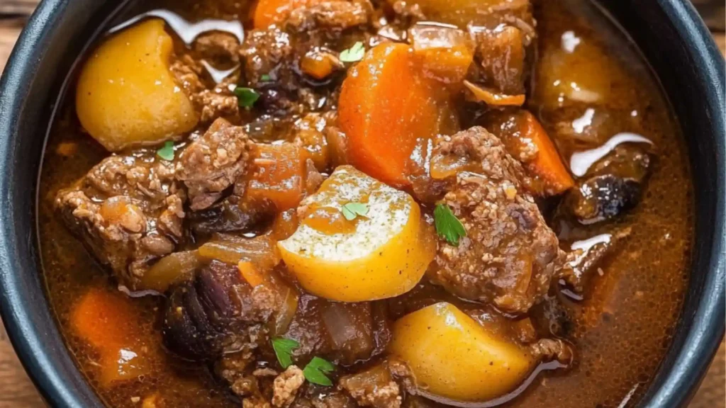 two different views of some food on a white plate with the words witch's cauldron beef stew