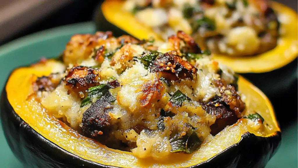 Stuffed Acorn Squash with Sausage, Spinach, Dried Cranberries, and Pecans on a baking sheet