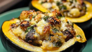 Stuffed Acorn Squash with Sausage, Spinach, Dried Cranberries, and Pecans on a baking sheet