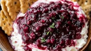 cranberry cream cheese dip in a white bowl surrounded by crackers