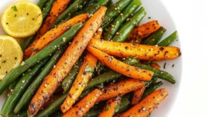 honey glazed carrots and green beans on a plate with the words honey glazed carrots and green beans