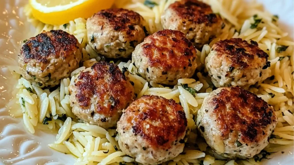 savory greek chicken meatballs with zesty lemon orzo