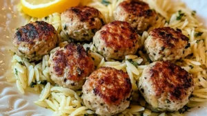 savory greek chicken meatballs with zesty lemon orzo