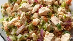 chicken salad with grapes and celery in a blue bowl text reads zero point chicken salad
