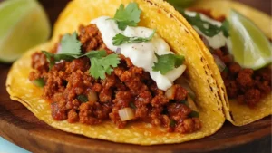 three tacos on plates with toppings and the words, well seasoned by chorizo tacos