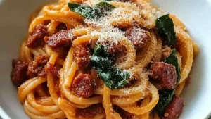 creamy chorizo pasta on a white plate