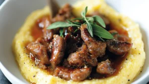 an italian polenta with sausage in a bowl