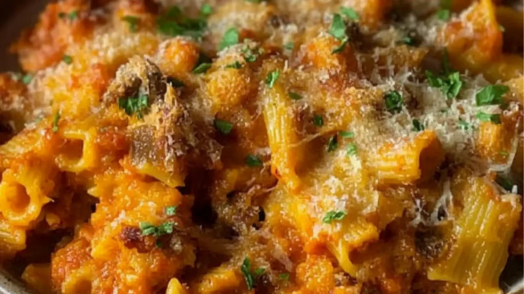 pumpkin pasta bake with crispy sage walnuts and parmesan cheese on top