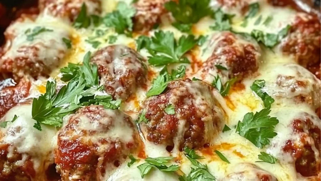 keto meatball parmesan casserole in a white dish with text overlay