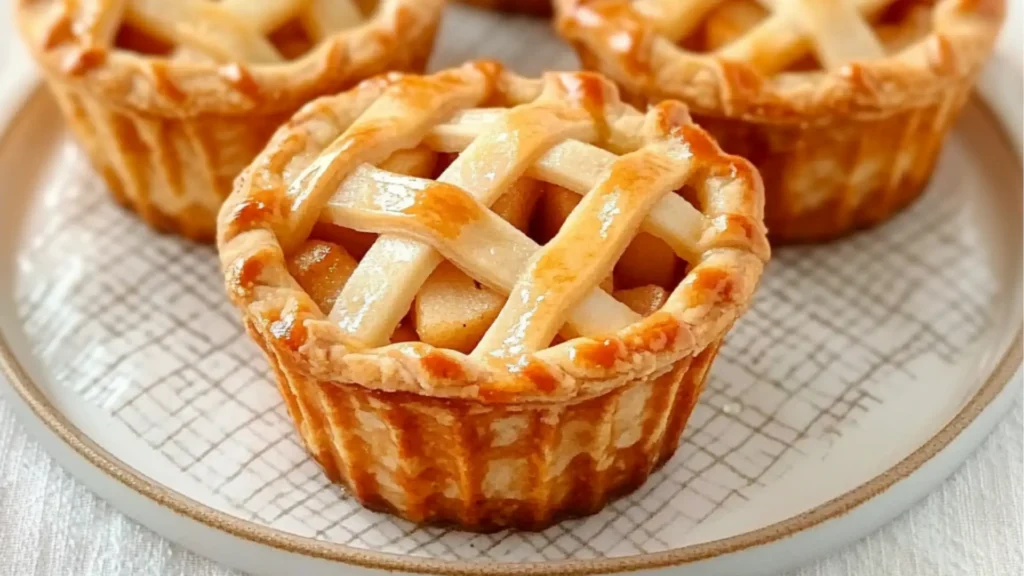 mini apple pies in a muffin tin on a baking sheet with text overlay