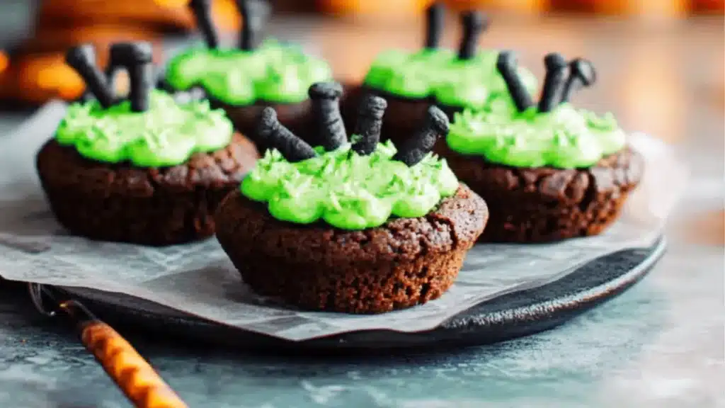 chocolate cupcakes with green frosting and googly eyes on them, topped with candy sticks