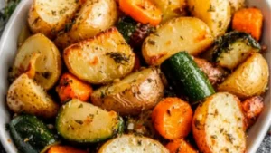 garlic herb roasted potatoes, carrots and eggplant
