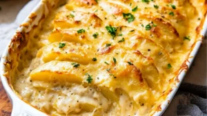 a casserole dish with potatoes and parmesan cheese on the side, ready to be eaten