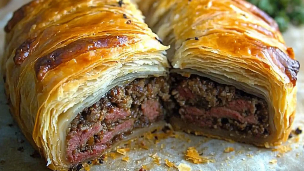 the recipe for poor man's beef wellington rolls is shown on a cutting board
