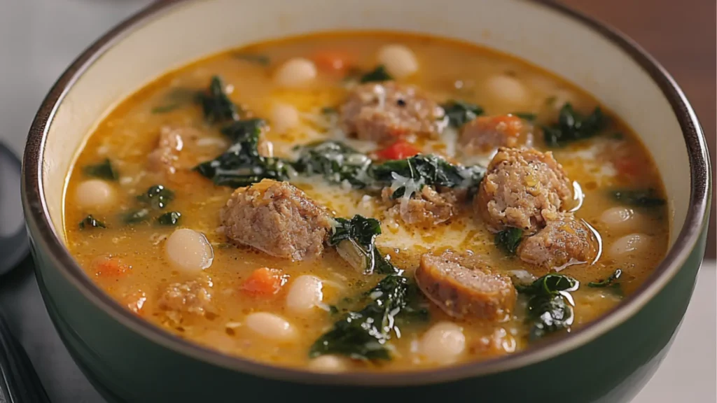 a bowl of italian sausage and white bean soup with a spoon in it on a table