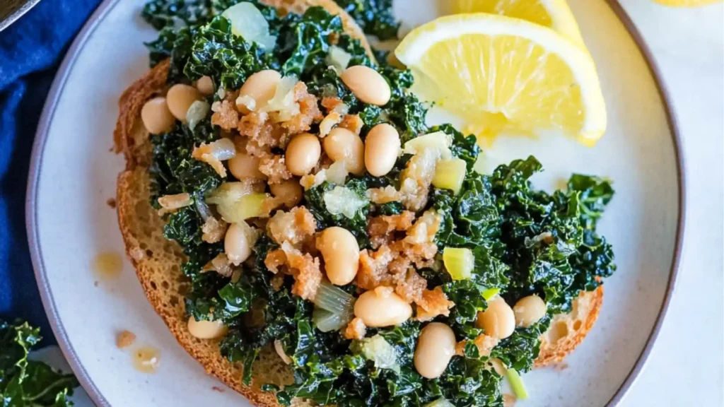 kale and white beans with text overlay