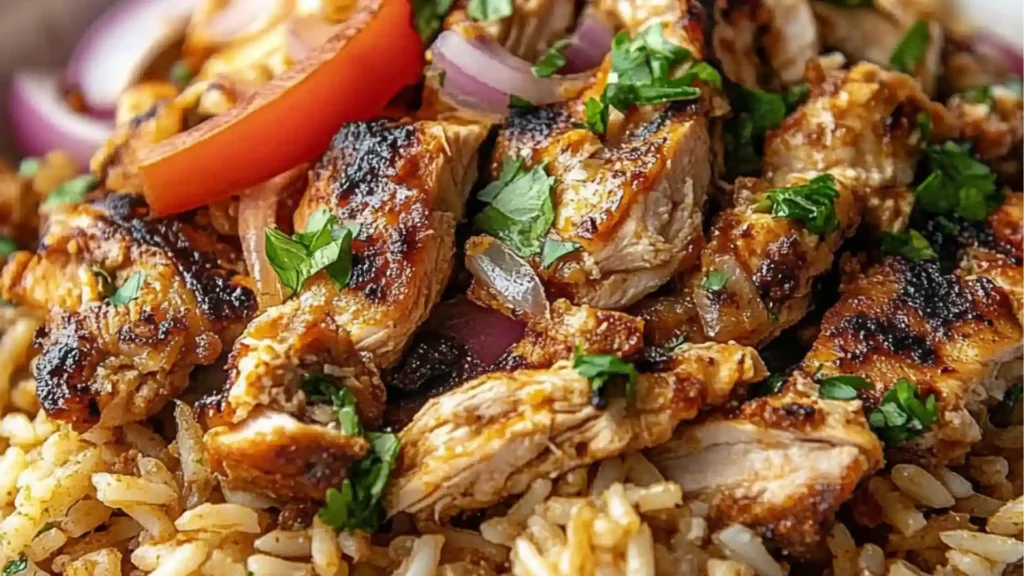 one pot shawama chicken and rice in a skillet with the title overlay