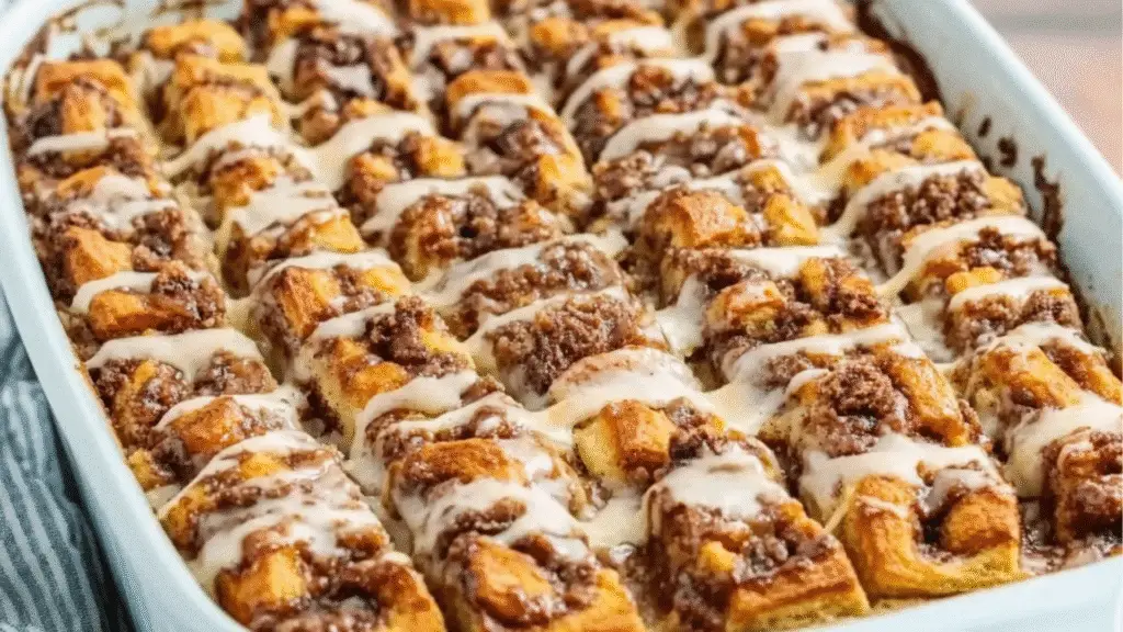 a photo of a baked cinnamon roll bake in a white casserole dish