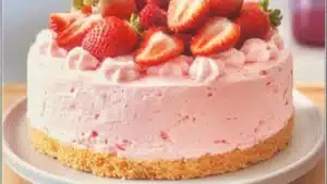 strawberry cake with white frosting and fresh strawberries on top, in front of the words melt in your mouth strawberry cloud cake