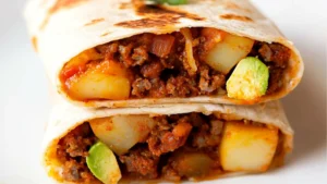 two burritos sitting on top of a white plate next to a pan filled with food