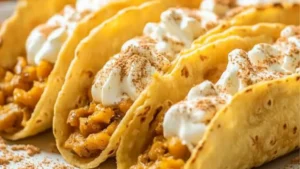 pumpkin pie tacos with cinnamon tortilla shell on the side and text easy homemade pumpkin pie filling