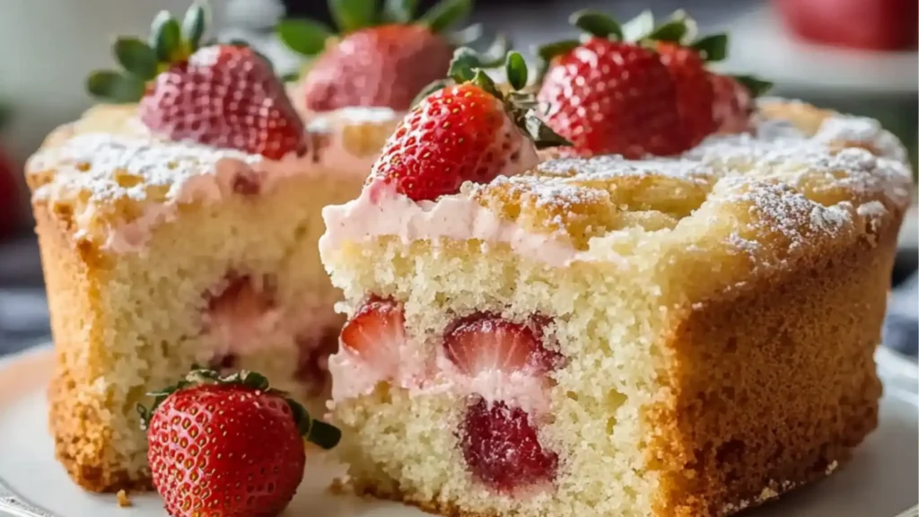 a close up of a cake on a plate with strawberries
