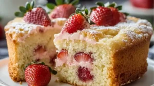 a close up of a cake on a plate with strawberries